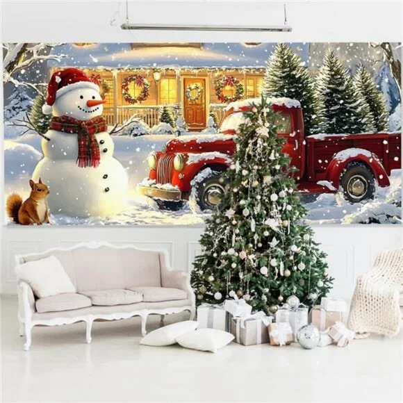 Snowman & Red Truck Christmas Garage Door Cover - Large Winter Holiday Decor